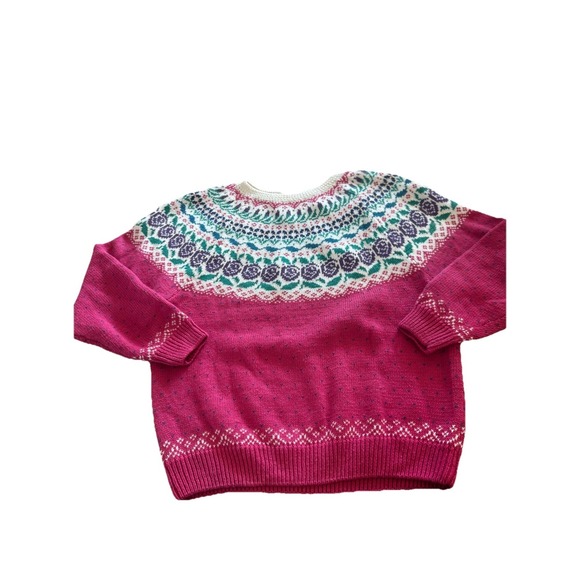 Northern Isles Sweaters - Vintage Northern Isles Women's Pink Fair Isle Floral Knit Yoke Sweater L Nordic